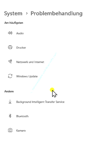 Auflistung der Assistenten zur Problembehandlung unter Windows 11