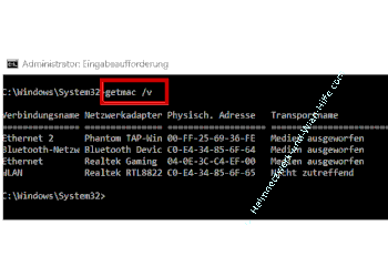 Ausgabe des Befehls getmac /v zur Anzeige von MAC-Adressen der PC-Netzwerkadapter