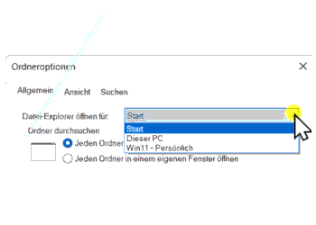 Auswahl des Startbereiches in den Ordneroptionen