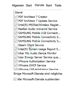 msconfig Tutorial: Beispiel für einen deaktivierten Programmdienst über die Diensteverwaltung von msconfig