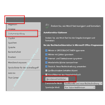 Benutzerwörterbücher in MS Word aufrufen