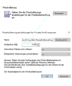 Defender Firewall Tutorial: Button zum Aufruf für die Anpassung der Protokollierung