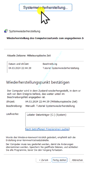 Das Betriebssystem über einen Wiederherstellungspunkt wiederherstellen