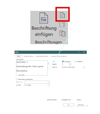 Das erstellte Abbildverzeichnis im Dokument einfügen