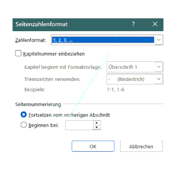 Das Format der Seitenzahlen über den Konfigurationsbereich Seitenzahlenformat ändern