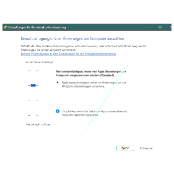 Das Konfigurationsfenster der Benutzerkontensteuerung UAC