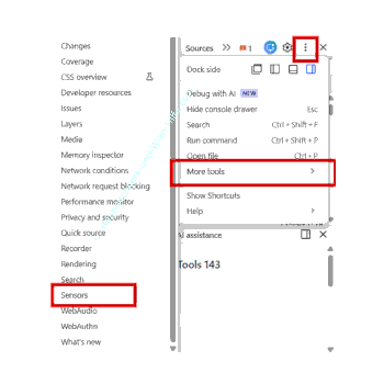 Das Tools Sensoren – Sensors – über die Entwicklertools aufrufen