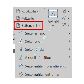 Den Konfigurationsbereich Einfügen, Kopf- und Fußzeile, Seitenzahl aurufen