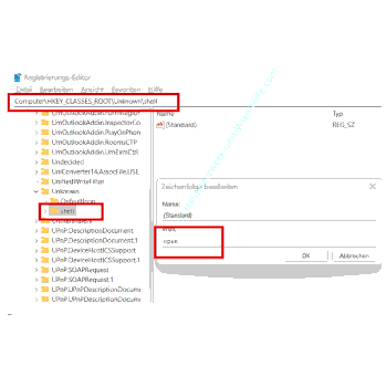 Den Registrywert unknown-shell-standard von openas in open ändern