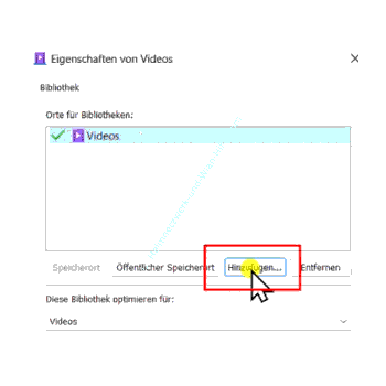 Der Button Hinzufügen für zusätzliche Speicherorte der Bibliothek