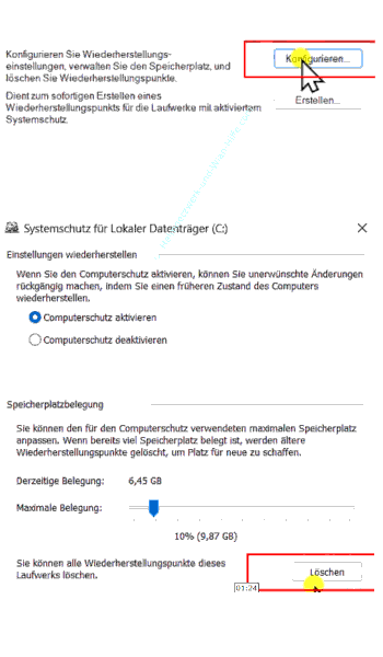 Der Button Löschen zum Entfernen aller gespeicherten Systemwiederherstellungspunkte