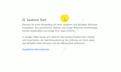 Windows 10 Tutorial - Die Windows 10 Installation auf Neuinstallationszustand zurücksetzen - Der Konfigurationsbereich Sauberer Start mit zusätzlichen Informationen 