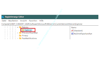 Der Registryschlüssel Explorer im Pfad HKEY_CURRENT_USER\SOFTWARE\Microsoft\Windows\CurrentVersion\Policies