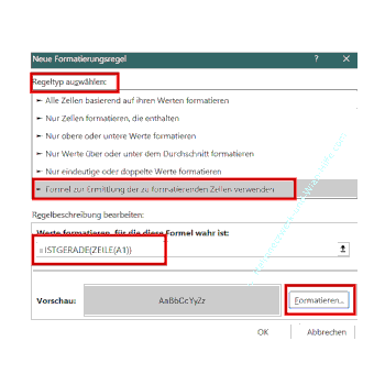 Die bedingte Formatierung konfigurieren, damit jede zweite Zeile farbig dargestellt wird