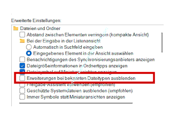 Die Explorer Option Erweiterungen bei bekannten Dateitypen ausblenden deaktivieren