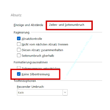 Die Option – Keine Silbentrennung -  aktivieren