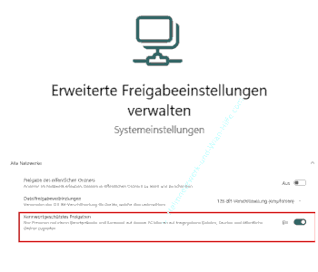 Die Optione Kennwortgeschütztes Freigeben aktivieren