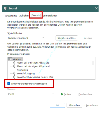 Die Option Windows Startsound wiedergeben deaktivieren