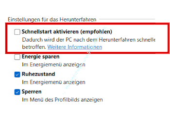 Die Windows Energieeinstellungsoption Schnellstart aktivieren abschalten