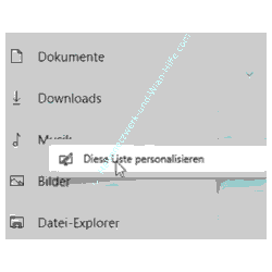 Windows Ordner Tutorial: Diese Liste personalisieren Konfigurationsseite über das Kontextmenü im Startbereich öffnen