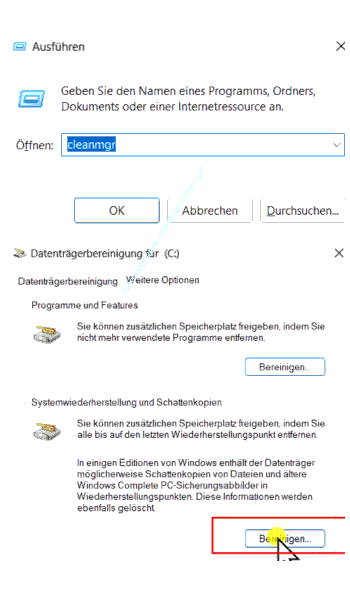 Entfernen aller Wiederherstellungspunkte außer des letzten über die Datenträgerbereinigung