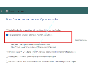 Konfigurationbereich Einen freigegebenen Drucker über den Namen auswählen