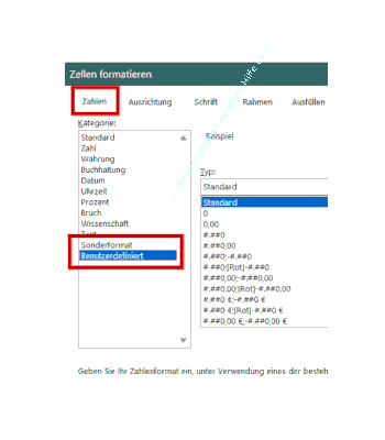Das Konfigurationsfenster Zellen formatieren aufrufen und den Bereich benutzerdefiniert auswählen