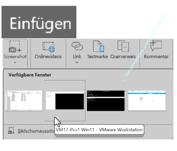 Menü Einfügen – Screenshots zum Einfügen von Screenshots gerade geöffneter Programmfenster