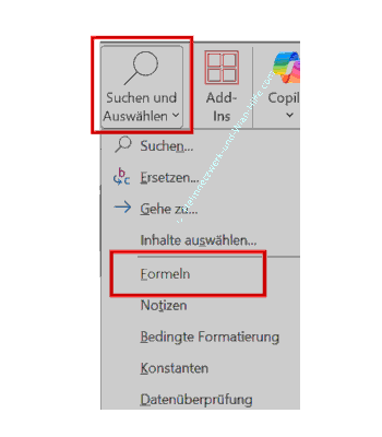 Menü Start – Suchen und Auswählen – Formeln aufrufen