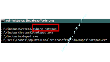 Mit dem Kommandozeilentool where herausfinden, wo sich die ausführbare Datei einer Anwendung befindet