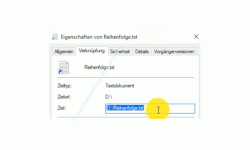 Windows 10 Tutorial - Eine beliebige Datei in der Taskleiste einbinden! - Eigenschaften einer Verknüpfung, Register Verknüpfung, Bereich Ziel mit Pfadangabe zur Originaldatei 