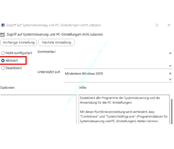 Die Gruppenrichtlinie – Zugriff auf Systemsteuerung und PC-Einstellungen nicht zulassen - aktivieren