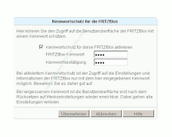 Heimnetzwerk-Tutorial: Wlan-Konfiguration Router-Passwort / Router-Kennwort ändern! FritzBox Konfigurationsmenü - Menü System FritzBox Kennwort wählen - Fenster Kennwortschutz