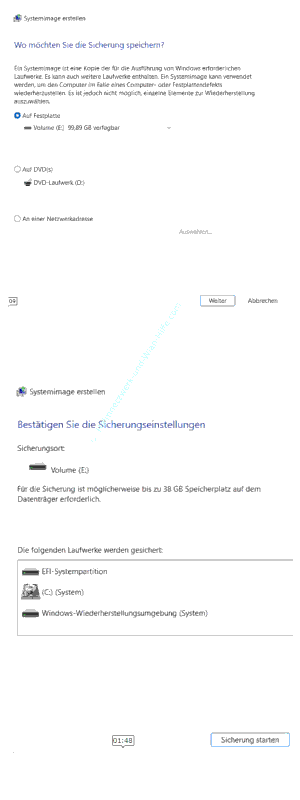 Speicherort für das Systemabbild auswählen und Sicherung starten