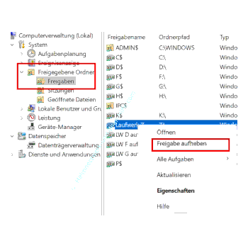 Über die Freigabenverwaltung eine Freigabe aufheben