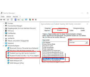 Wake on Lan Optionen der Netzwerkkarte im Geräte-Manager aktivieren