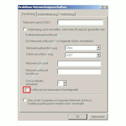 Wlan-Netzwerk Anleitungen: Wlan-Netzwerkkarte konfigurieren! Fenster Drahtlose Netzwerkeigenschaften - Option Automatischen Schlüssel deaktivieren