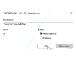 Windows 10 - Autostart Tutorial: Änderung des Dword-Wertes NoDriveTypeAutoRun von 0 auf ff