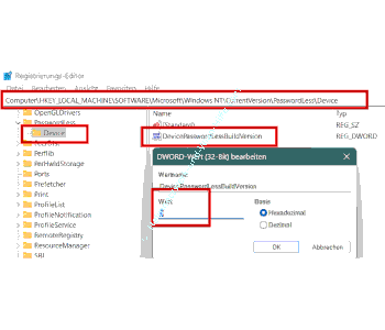 Änderung des Registry-Wertes DevicePasswordLessBuildVersion