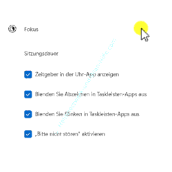 Anzeige der Optionen und Einstellmöglichkeiten für die Fokussitzung