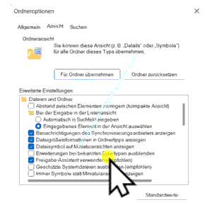 Aufruf des Register Anischt der Ordneroptionen