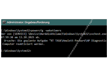 Ausgabe des Befehl powercfg -waketimers, der die geplante Neustarts des Computers anzeigt