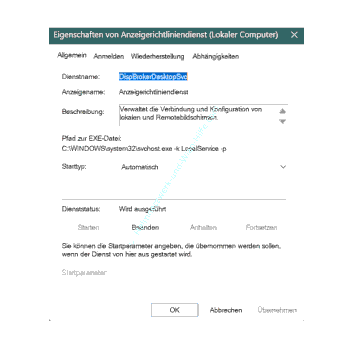 Das Eigenschaftenfenster eines Dienstes zum Konfigurieren von Diensteigenschaften