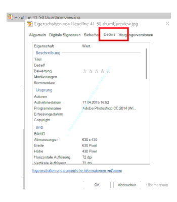 Das Register Details zur Anzeige der Dateieigenschaften, Dateiinfos und Metadaten