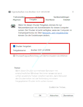 Das Register Freigabe in den Eigenschaften des Druckers