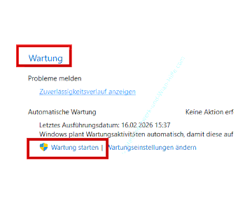 Den Wartungsprozess manuell über den Link Wartung starten beginnen