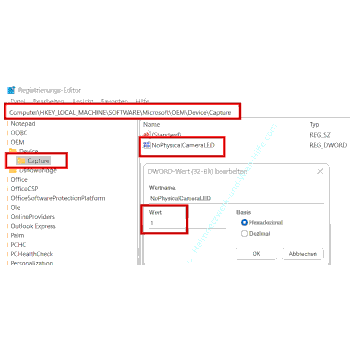 Den Wert NoPhysicalCameraLED in der Registry konfigurieren