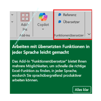 Der im Excel Menü Start eingebundene Functions Translator Bereich