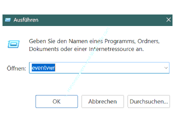 Die Ereignisanzeig über den Befehl eventvwr in dem Ausführen-Diaolog aufrufen