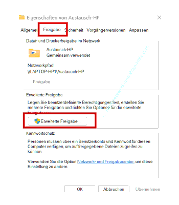 Die erweiterten Freigabeeinstellungen eines freigegebenen Ordners aufrufen